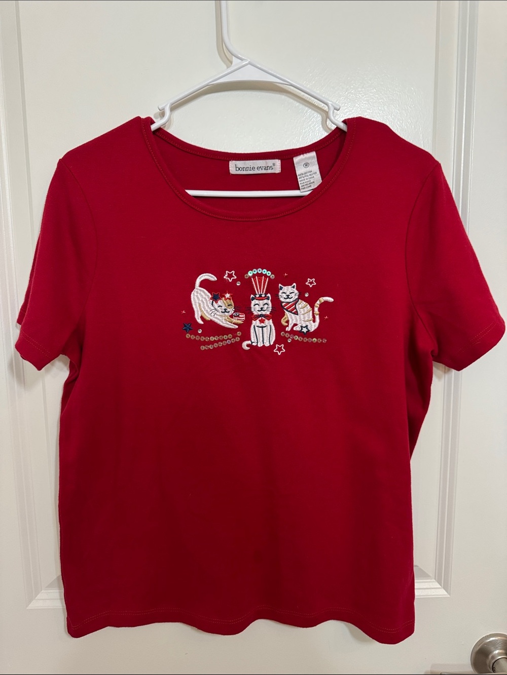 Bonnie Evans Y2K Embroidered Cat Sequin Patriotic Baby Tee Red M